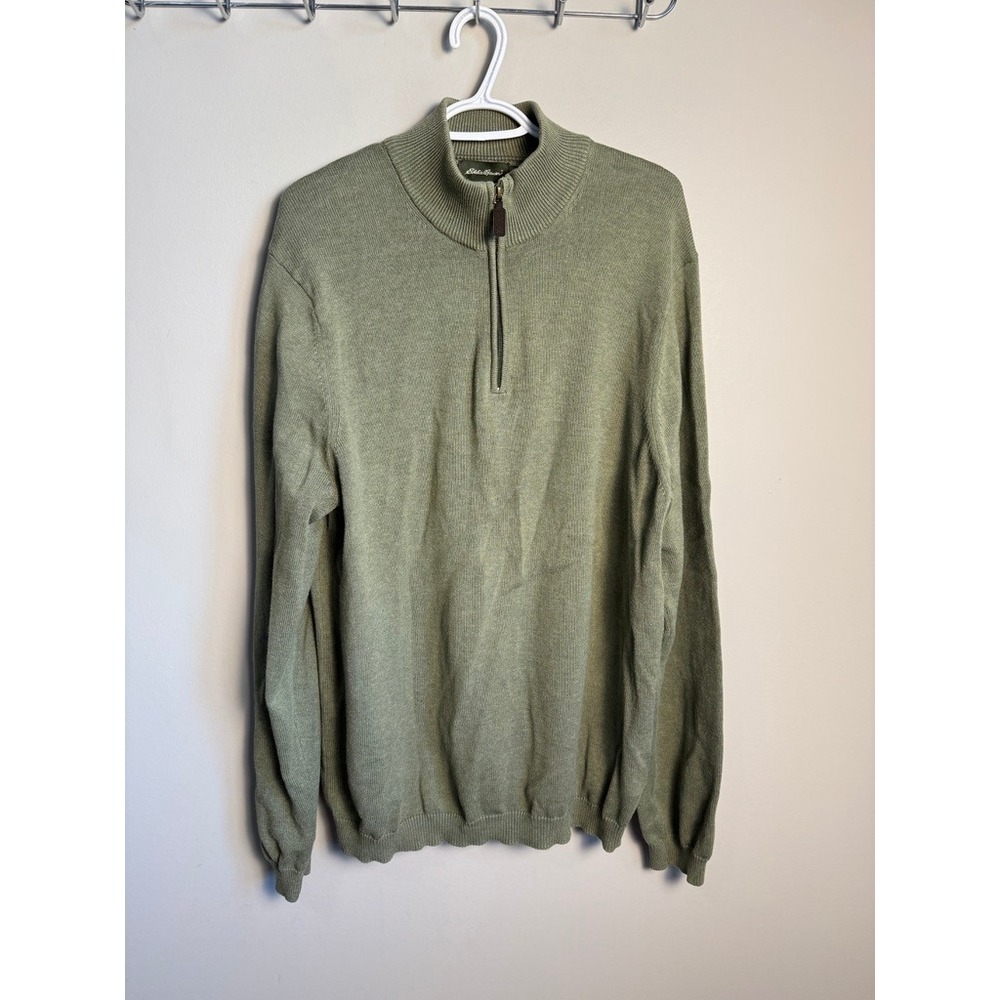 Eddie Bauer Mens Green 1/4 Zip Mock Neck Sweater L Tall Casual Outdoor Classic
